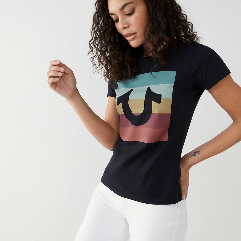 💥NEW SEXY TRUE RELIGION LOGO STRIPE BLACK TSHIRT